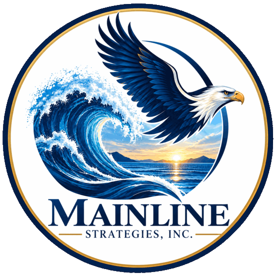 The Mainline Strategies, Inc. logo: an eagle in flight above a cresting ocean wave at sunrise